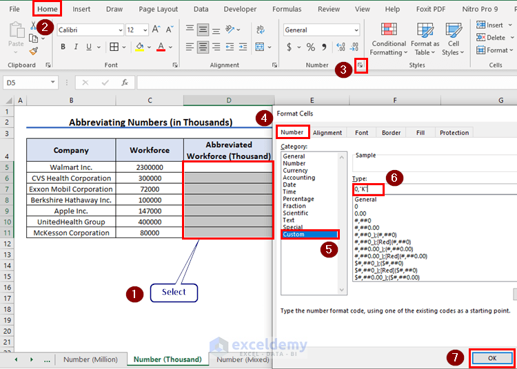 formatting cells for abbreviating Number (Thousand)