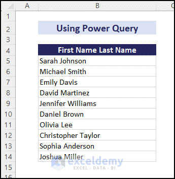 Dataset for using power query tool to switch first and last name in Excel with comma