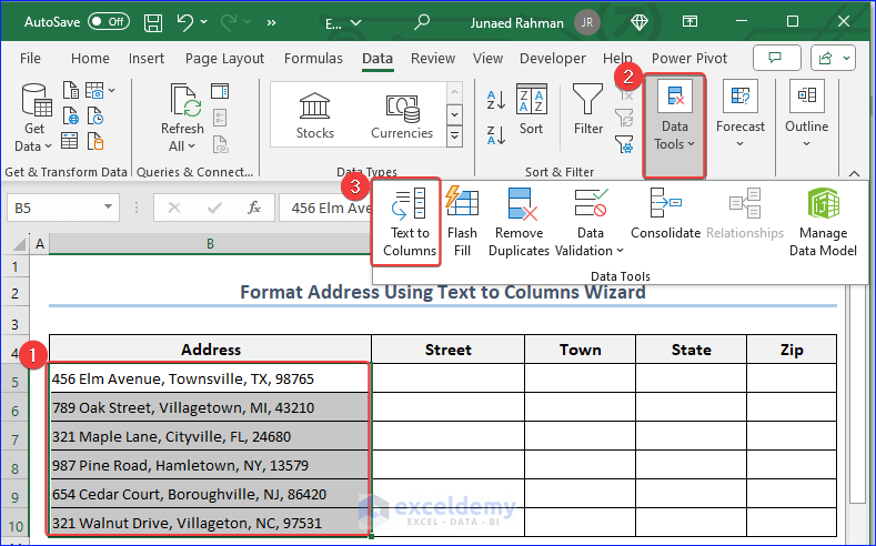 Selecting Text to Columns Wizard