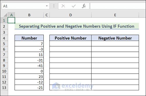 Dataset to separate positive and negative numbers using IF function