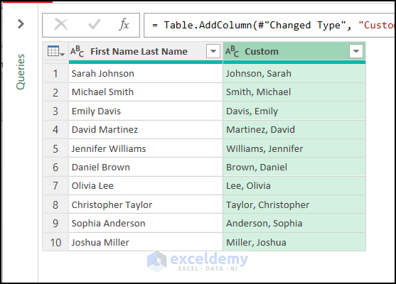 using power query tool to switch first and last name in Excel with comma