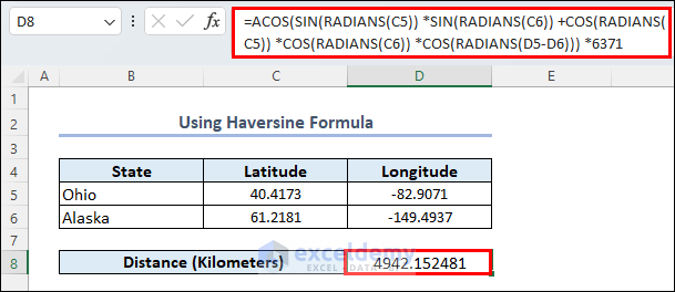 Distance calculation using the Haversine formula