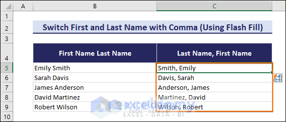 Output of using Flash Fill to switch first and last name in excel with comma