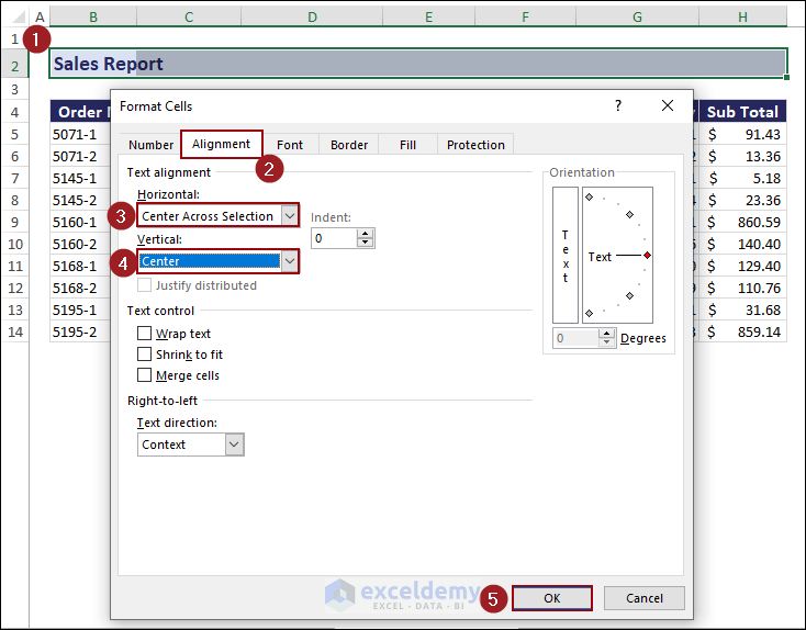 Selection of Center Across Selection option