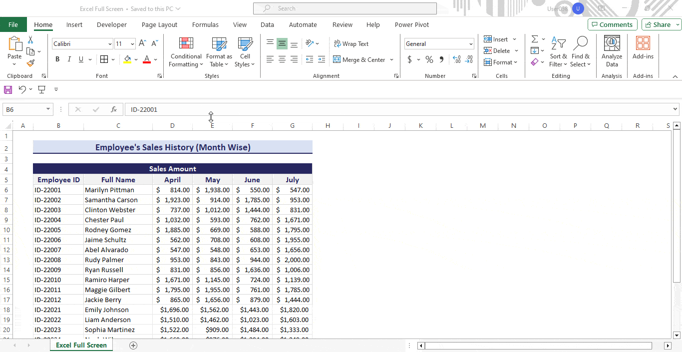 Using Quick Access Toolbar to view Excel full screen