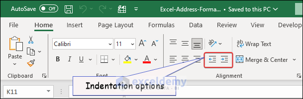Indentation Options in Excel