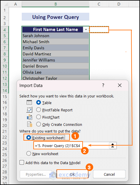 using power query tool to switch first and last name in Excel with comma