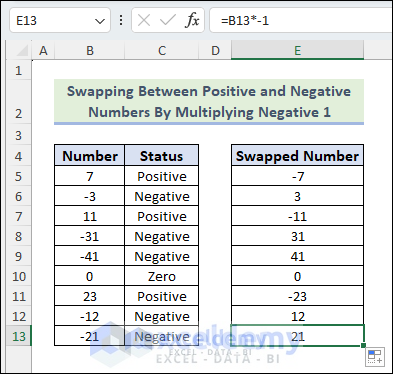 Drag the Fill Handle icon to cell E13 and see Positive and Negative Numbers are swapped