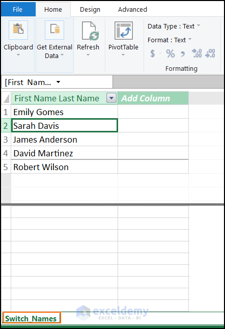 using power pivot to switch first and last name in Excel with comma