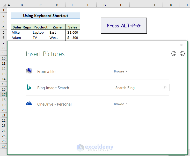 Keyboard shortcut opens Insert Pictures dialog box