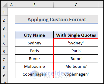 6- final output image of applying the custom format to insert single quotes