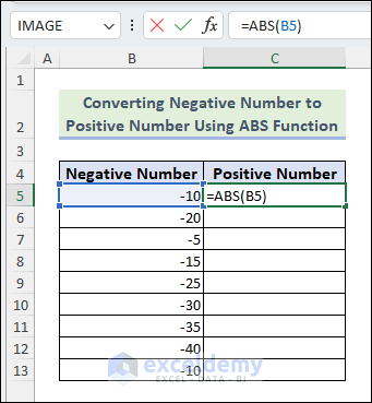 Select cell C5 and insert the equation of ABS Function