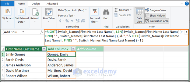 using DAX functions in power pivot to switch first and last name in Excel with comma