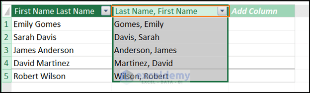 Using DAX formula in power pivot to switch first and last name in Excel with comma