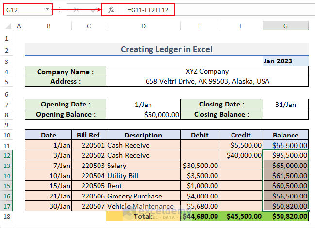 Using Mathematical formula to calculate the Ledger in Excel
