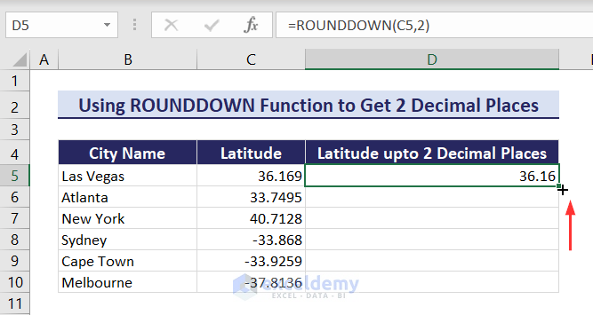 Showing 2 decimal places without rounding in Excel using ROUNDDOWN function