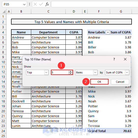 Changing the Value to 5 in Top 10 dialog box to get top 5 values and names in Excel Pivot Table