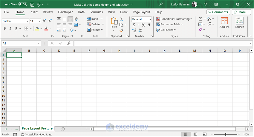 Initial Sheets to make Excel Cells Equal in Height and Width using Page Layout Feature