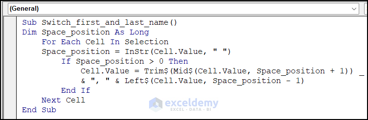VBA code to switch first and last name in Excel with comma