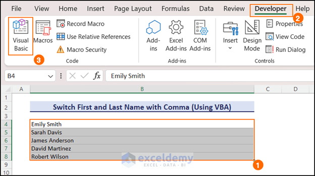 Applying VBA code to switch first and last name in Excel with comma