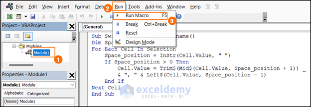 running VBA code to switch first and last name in Excel with comma