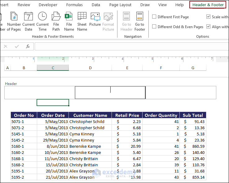 Appearing Header & Footer tab in the Excel sheet