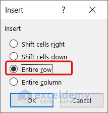 Selecting the Entire row option