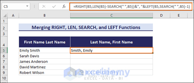 Using Excel formula to switch first and last name in Excel with comma