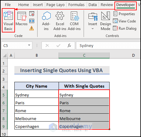 8- selecting visual basic to insert single quotes using Excel VBA