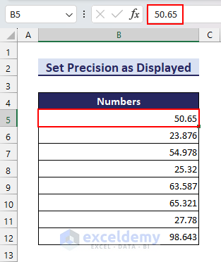 Equal values in Excel Formula Bar and Cell after removing decimals