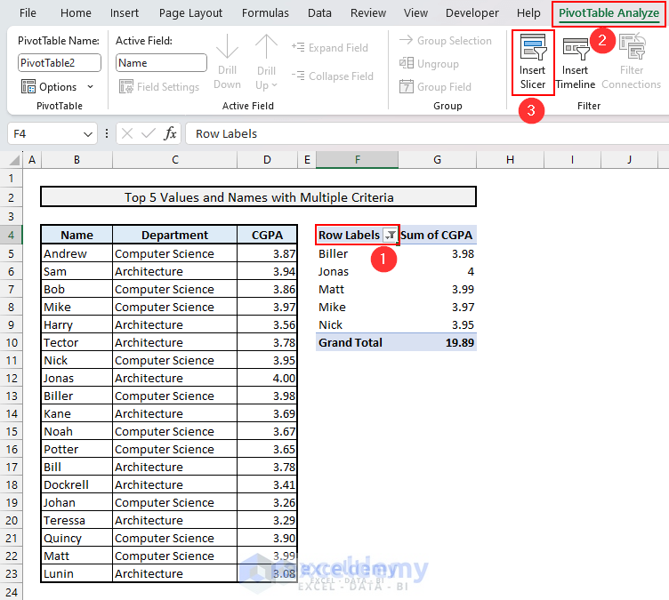 Inserting Slicer from PivotTable Analyze tab
