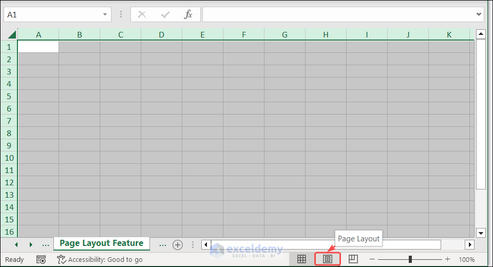 An alternative area to find the Page Layout view is the bottom-right corner of your workbook