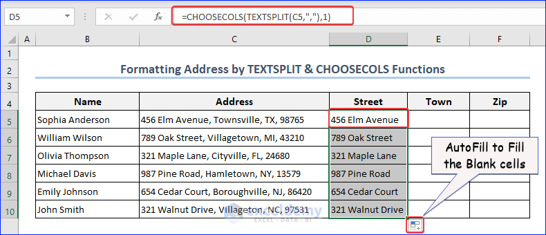 Street Address by TEXTSPLIT and CHOOSECOLS
