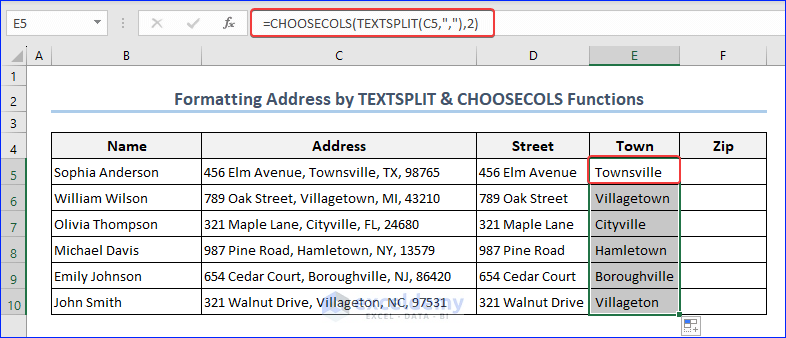 Finding the Town Using TEXTSPLIT and CHOOSECOLS