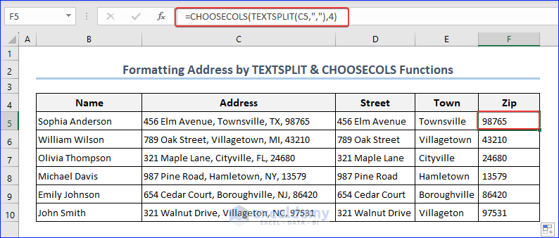 CHOOSECOLS and TEXTSPLIT to Find the Zip Code