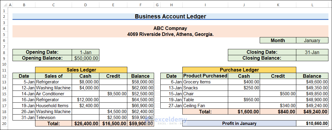 Making Business Account ledger in Excel