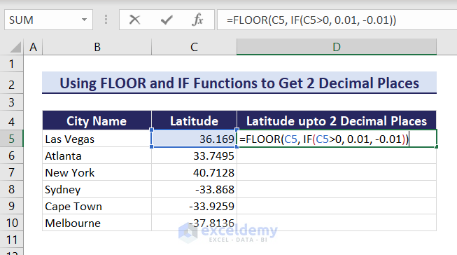 Combining FLOOR and IF functions to get 2 decimal places without rounding in Excel