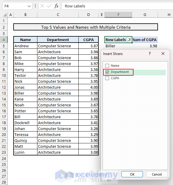 Selecting Department option for Inserting Slicers