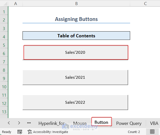 Creating Excel Developer buttons for table of contents.