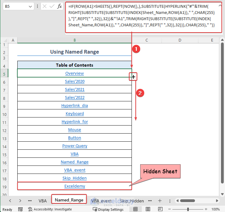Using the formula and Fill Handle tool to create dynamic table of contents.