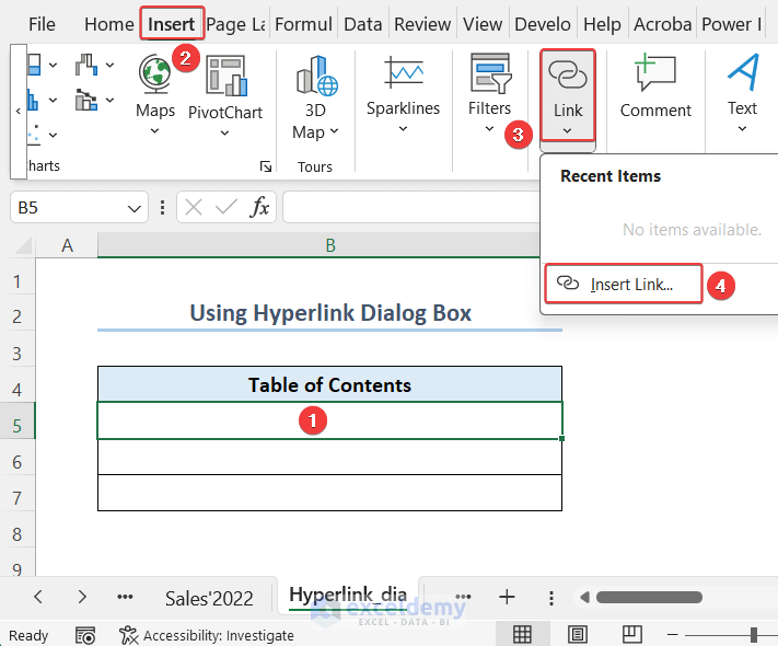 Getting Insert Link command from Insert tab.