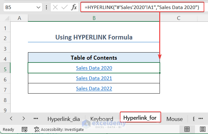 Using excel Hyperlink function to develop table of contents.