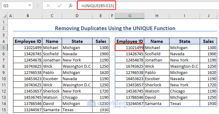 Unique function for removing duplicates across multiple rows in Excel