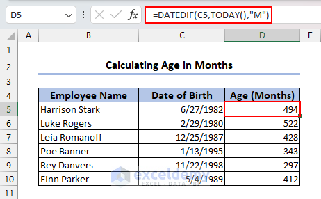 Using DATEDIF Function to Calculate Age in Month