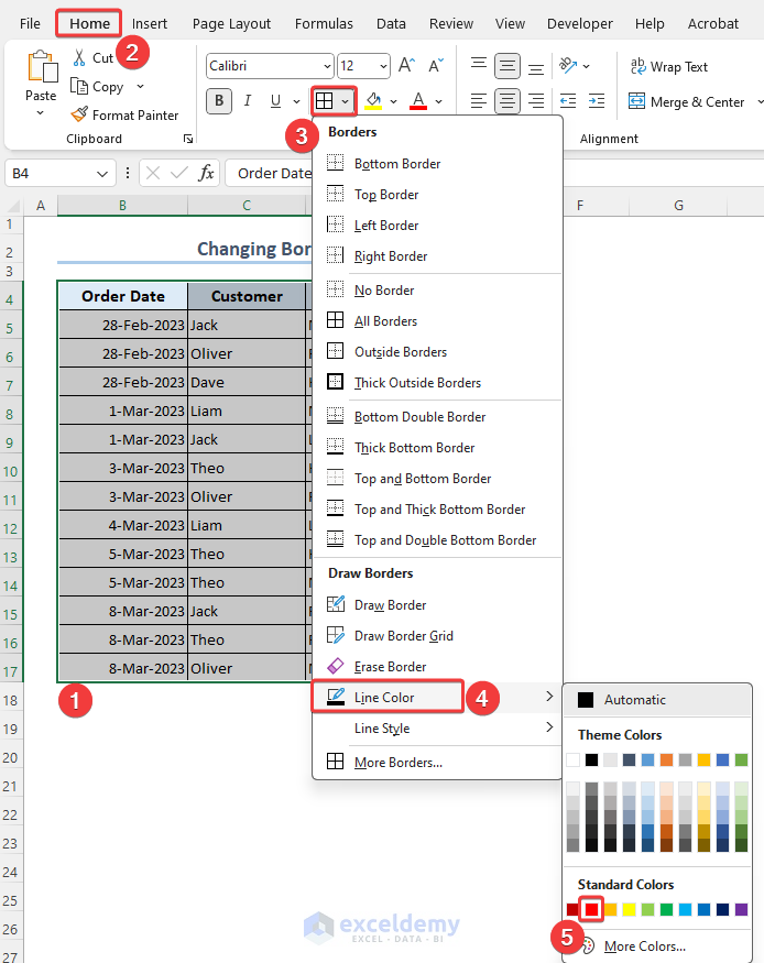 Changing cell border line color using Excel Borders command