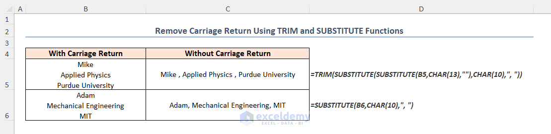 removing carriage return using Excel functions
