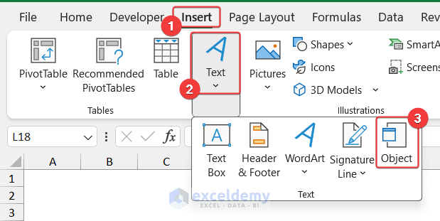 steps to insert object in Excel