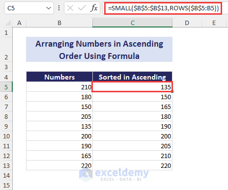 arrange numbers in ascending order in excel using formula