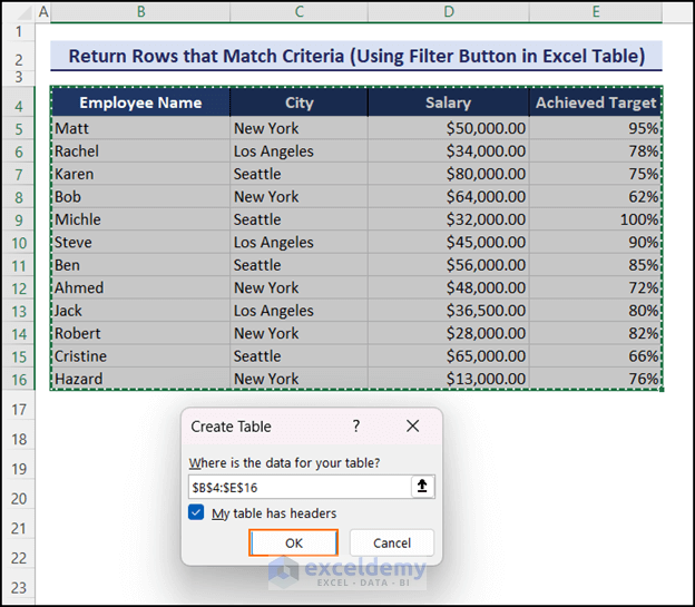 Create Table dialog box