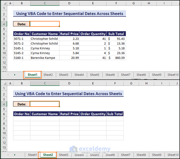 Dataset for using VBA code to enter dates